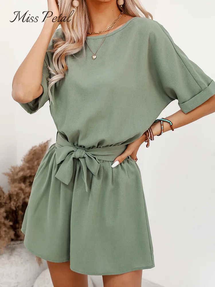 

Olive Green Belted Boat Neck Romper For Women Sexy Short Sleeve Short Playsuit 2023 Spring Summer Overalls Bodysuit Jumpsuit