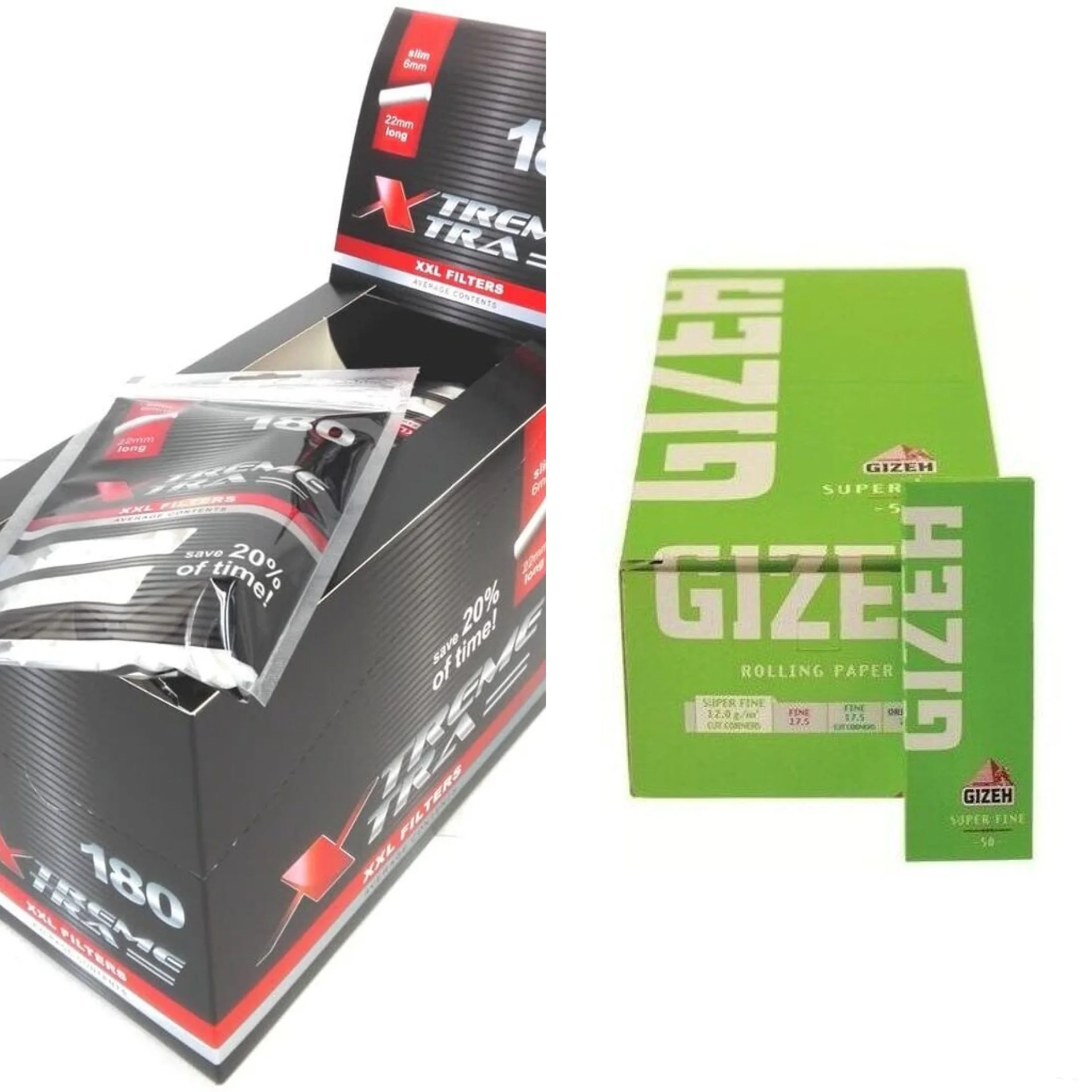 2880 filtros xtreme xtra magro longo 6mm x 22cm + papéis gizeh magro curto 69x36mm peso 12gr/m