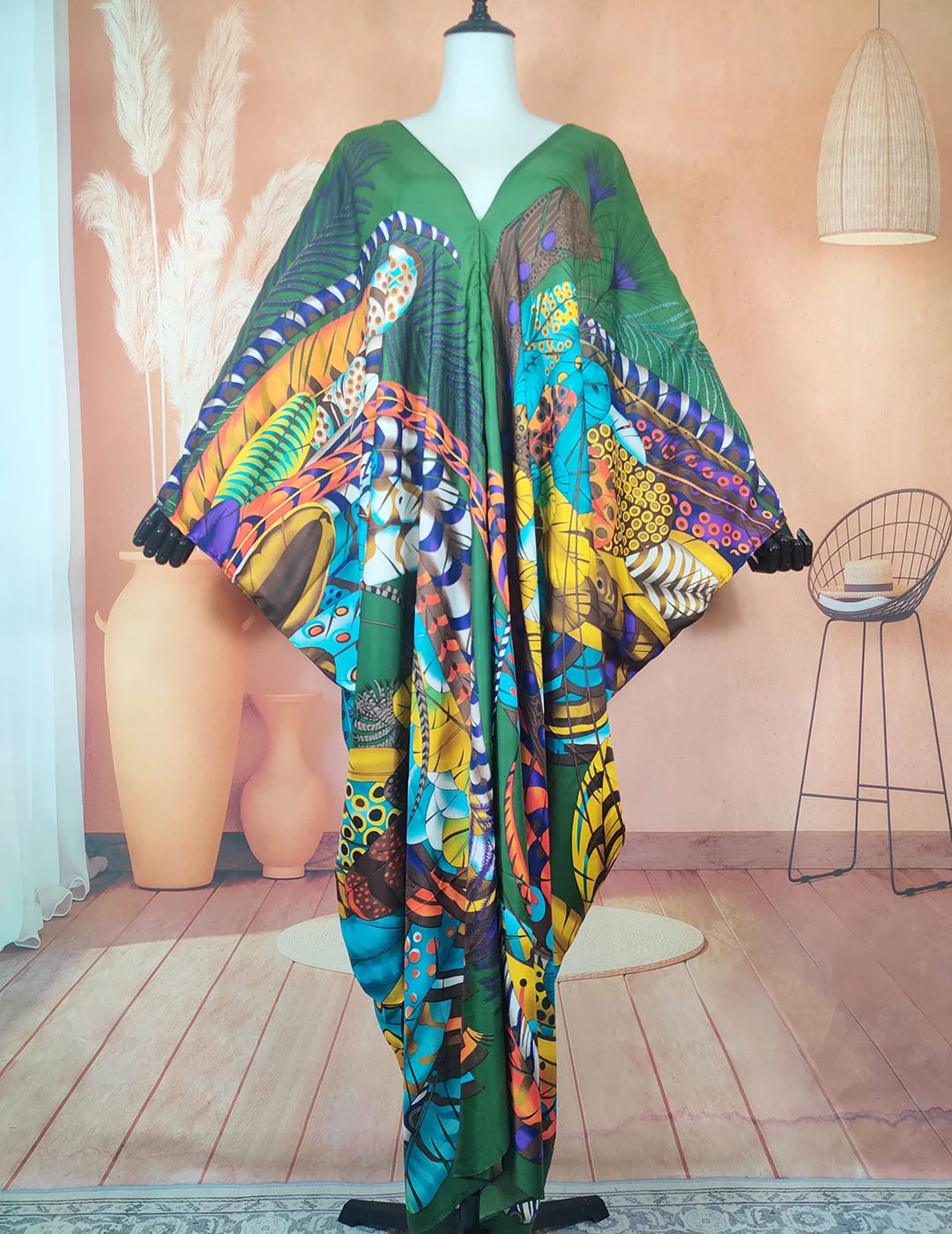 Kuwait Fashion Blogger Recommend Twill Silk Printed V-Neck Straight Kaftan Dress Casual African Bohe Loose Abaya Robe