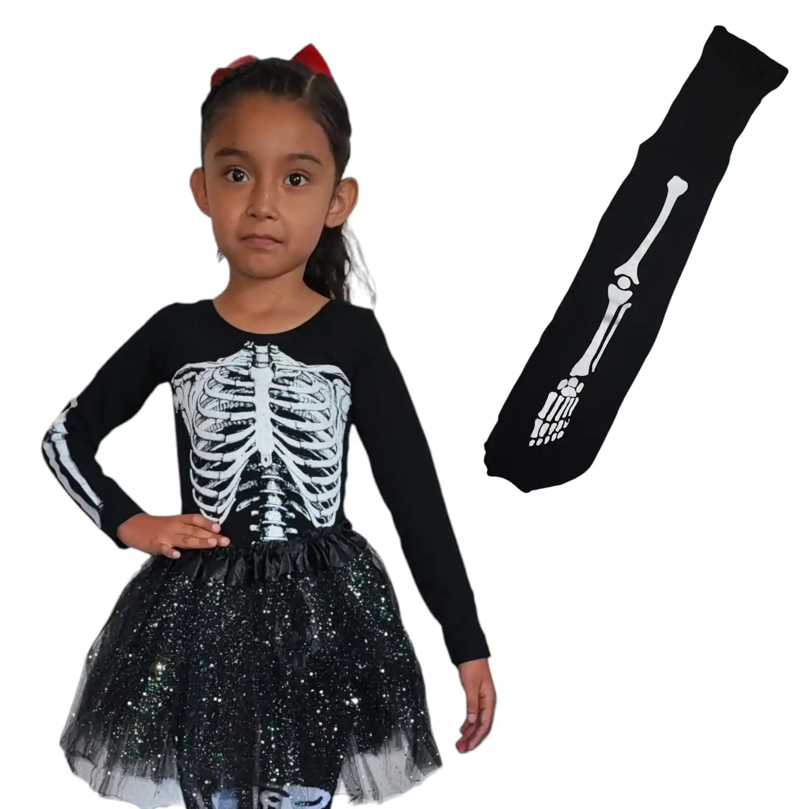 DISFRAZ ESQUELETO CATRINA HUESO NIÑA HALLOWEEN CON MALLA DE NYLON