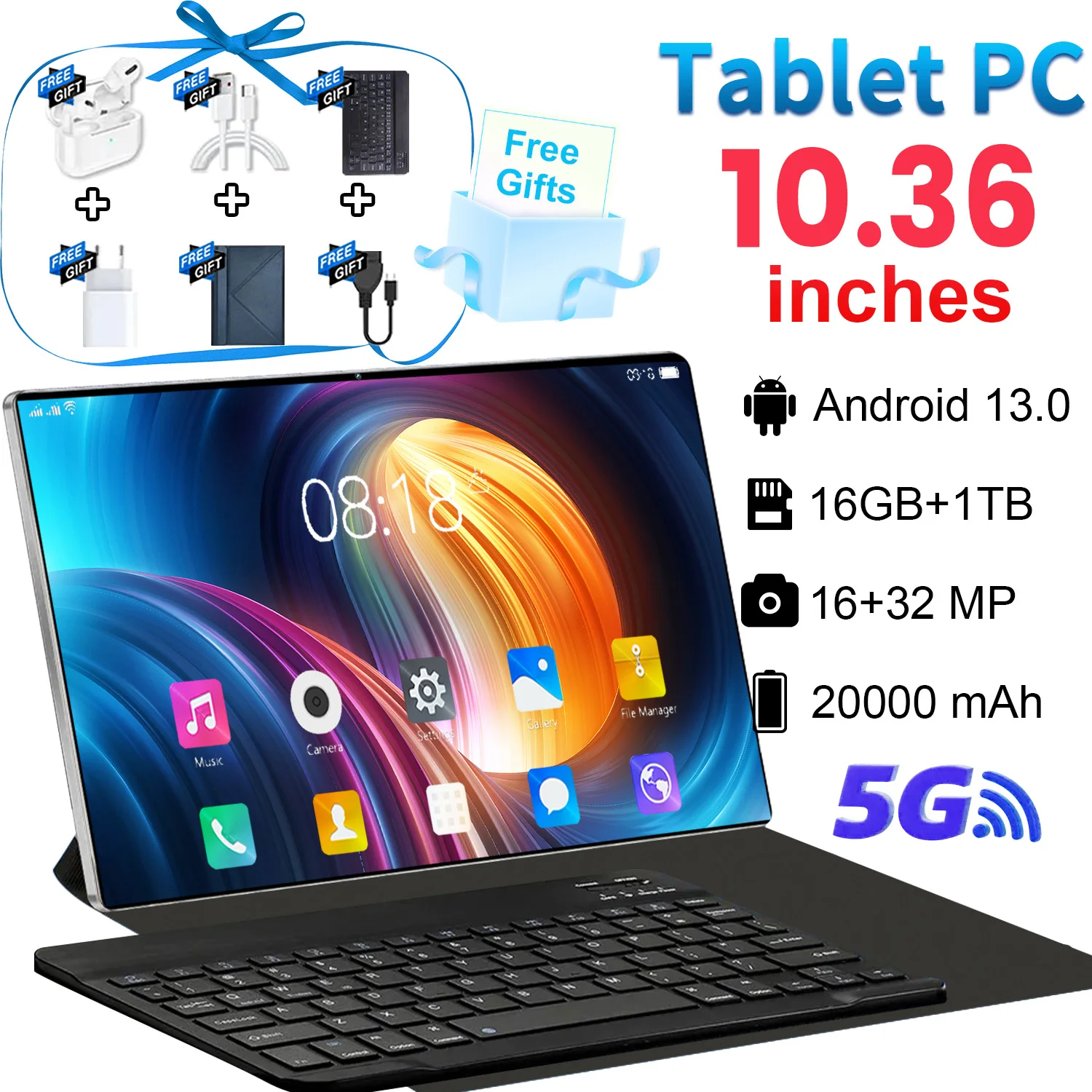 2025 10.36 pouces tablette d'origine Android 16GB RAM 1 to ROM 16MP 32MP Android 13.0 20000mAh 10core 5G double SIM Bluetooth WiFi GPS