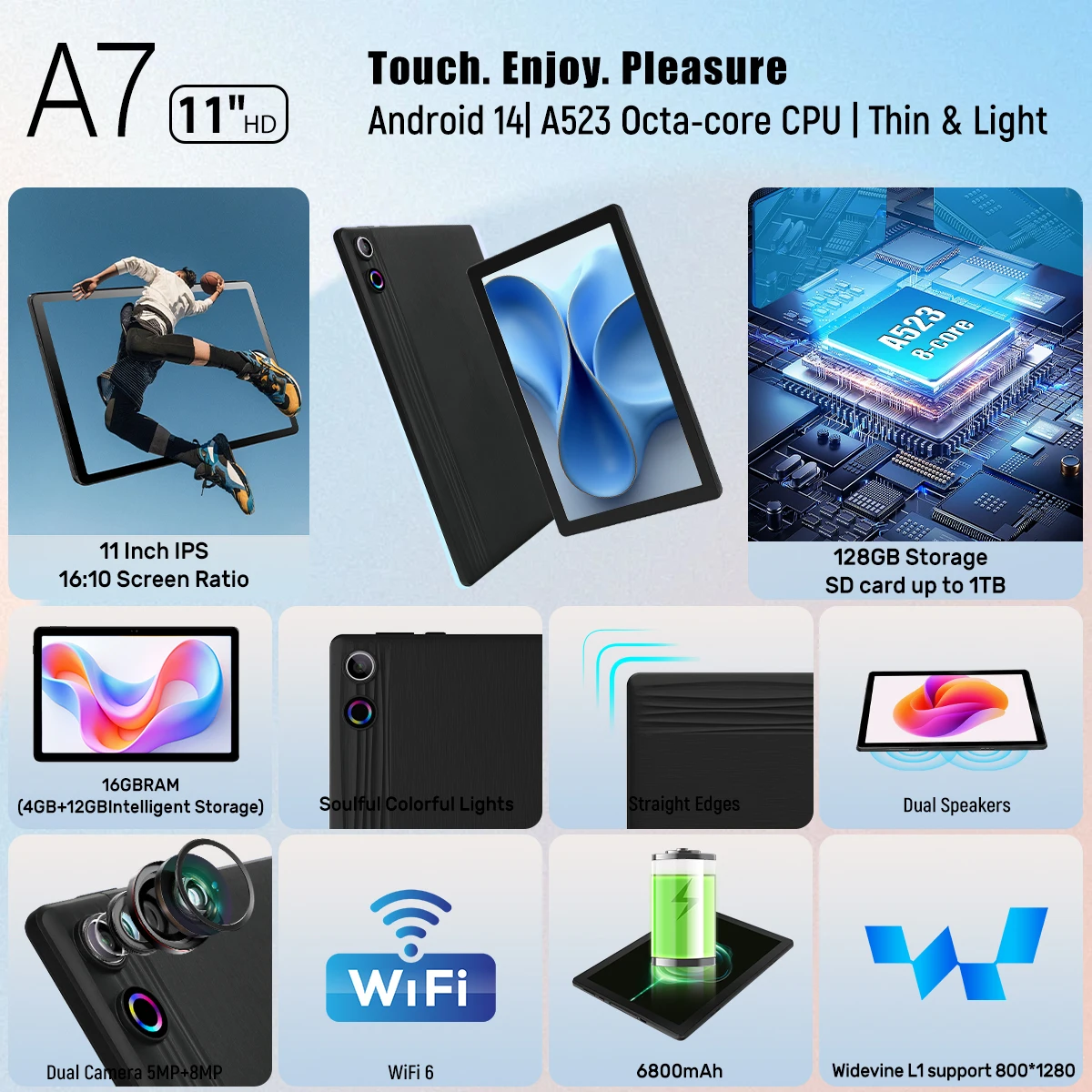 `11 Inch A7 Tablet PC Android14 Octa‑Core A523 16GB(4+12GB Virtual) 128GB ROM Widevine L1 Face ID Unlock WiFi6 6800mAh Dual Speaker Gaming Study Tablet With Charger`