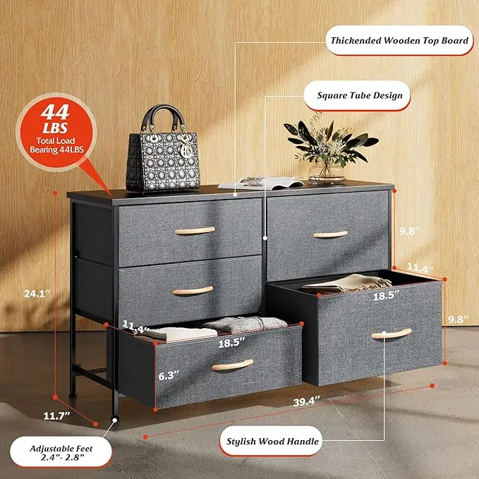 5-Drawer Dresser for Bedroom, Wide Chest of Drawers with Wood Board and Fabric Drawers, Ideal for Closet, Clothes, Kids, Nursery 3