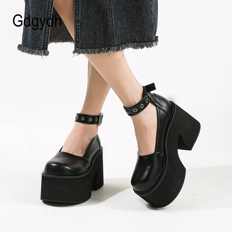 Gdgydh Spring Womens Mary Jane Lolita Chunky Heeled High Platform Pumps Ankle Buckle Strap Round Toe Goth Heels Plus Size