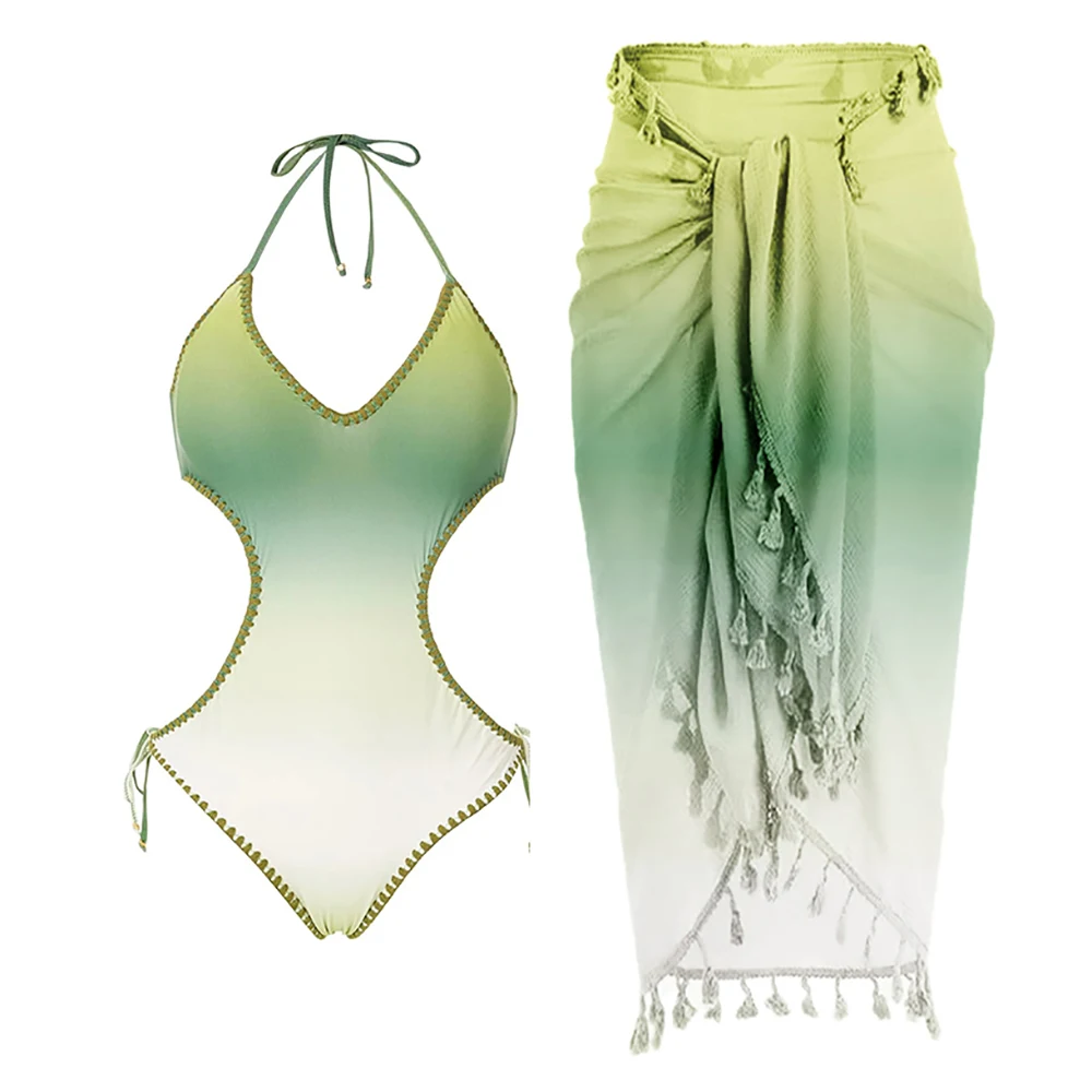 Gradient Print One Piece Bikini Sexy V Neck Cutout Backless Swimsuit