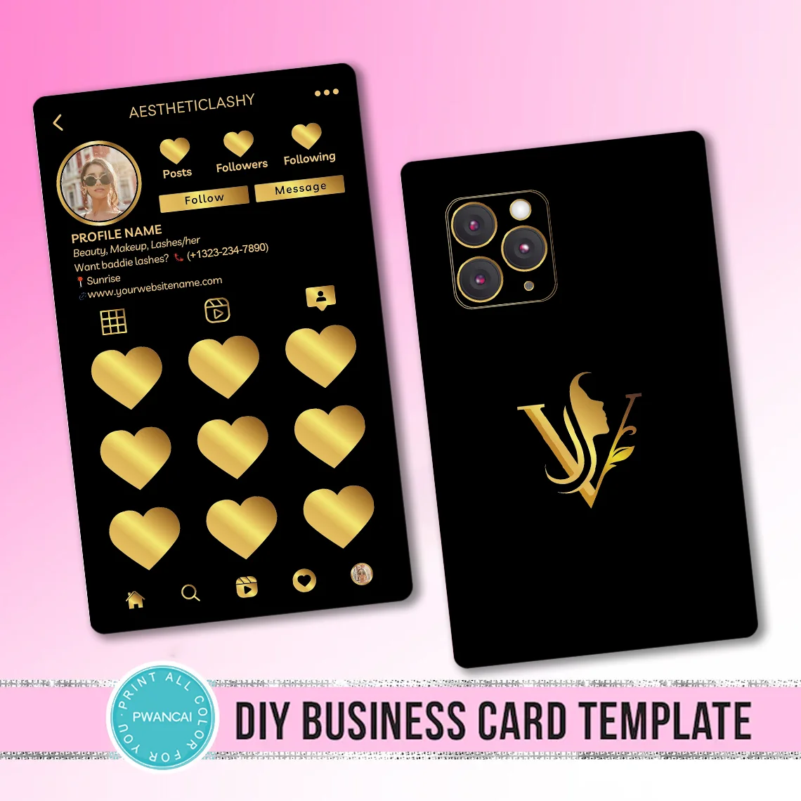 사용자 정의 사진 카드 인쇄 가능 감사합니다 선물 카드 블랙 핑크 DIY Instagram 뷰티 비즈니스 충성도 카드 속눈썹 네일 살롱