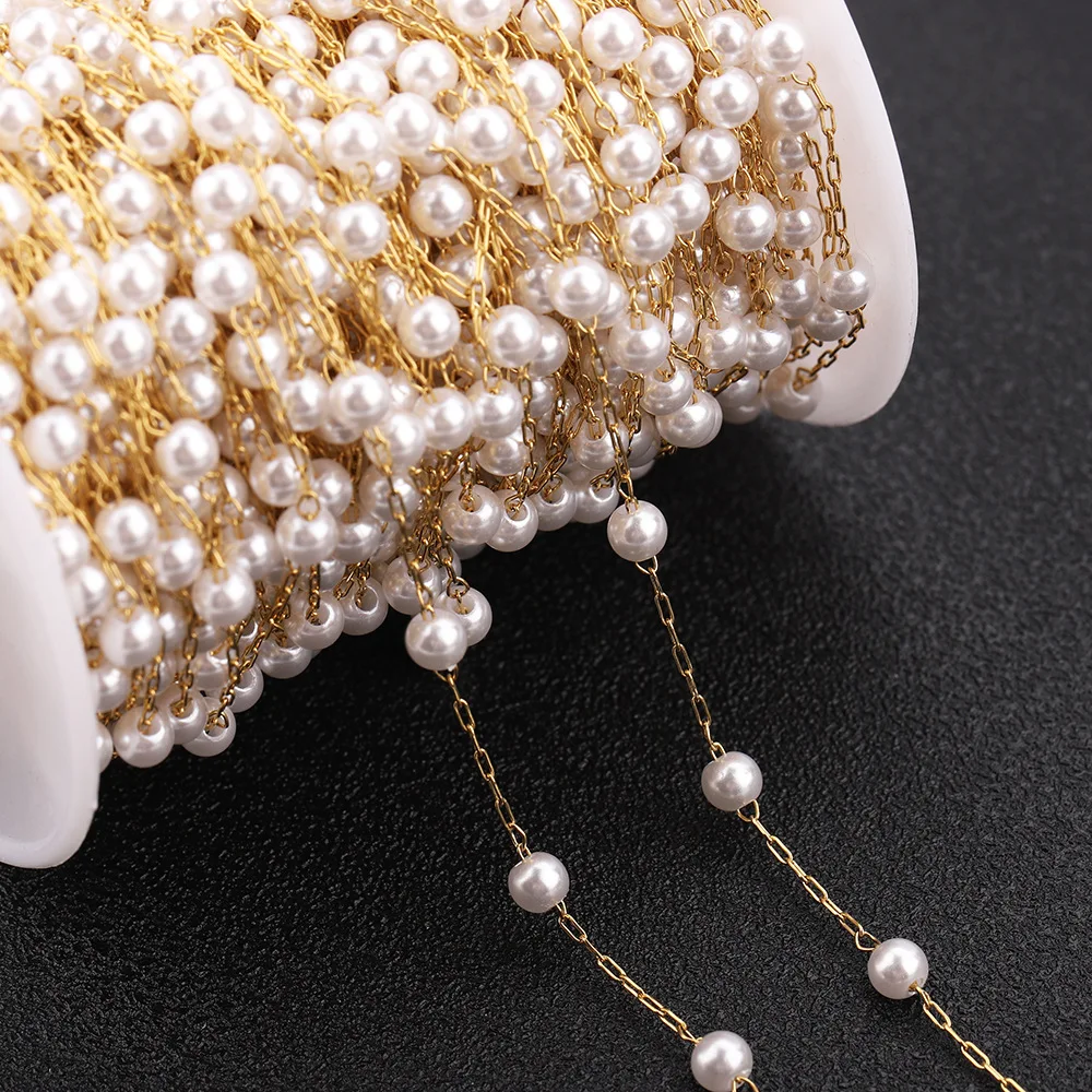 

Waterproof Stainless Steel Gold Paper Clip Link Beaded Roll Trim Pearl Chain for Jewelry Making DIY Bulk Wholesale