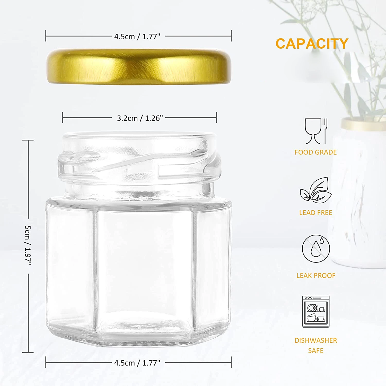 Mini Honey jars-Hexagon honey jars with wooden spoon, bee pendant,Glass Honey jars with lids, Baby Shower, Wedding Favors 2