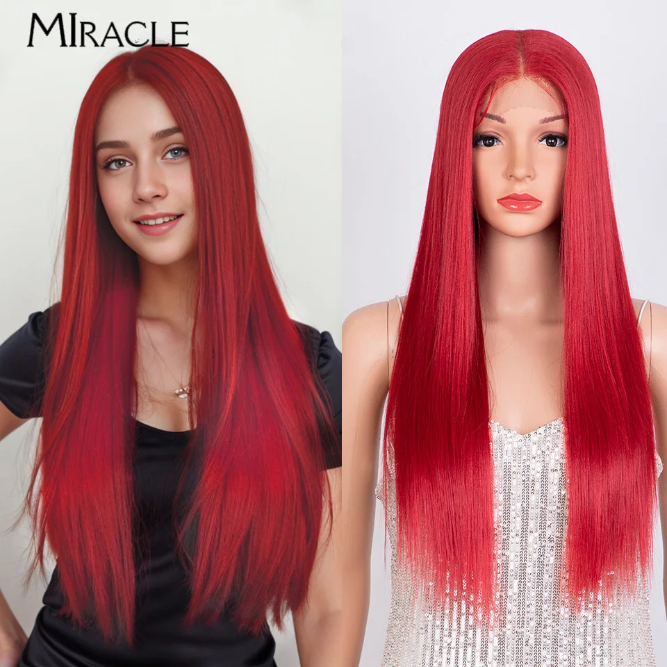 

MIRACLE Straight Wig for Women Synthetic Lace Front Wig Cosplay Wig 28'' Ombre Red Wigs For Female High Temperature Fiber Hair