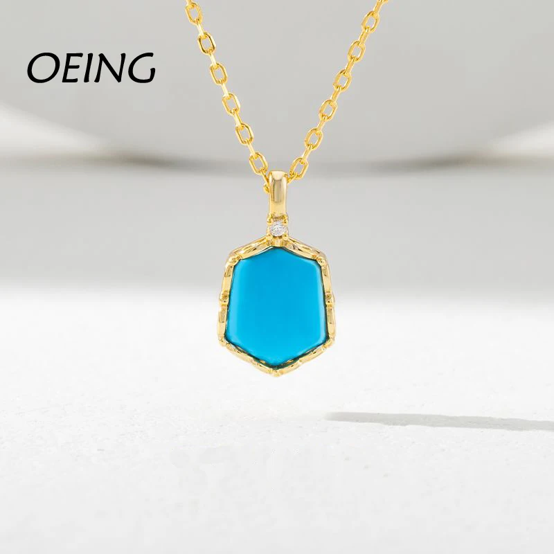 

OEING blue turquoise square necklace S925 silver women's light luxury pendant sterling silver clavicle chain fashion jewelry