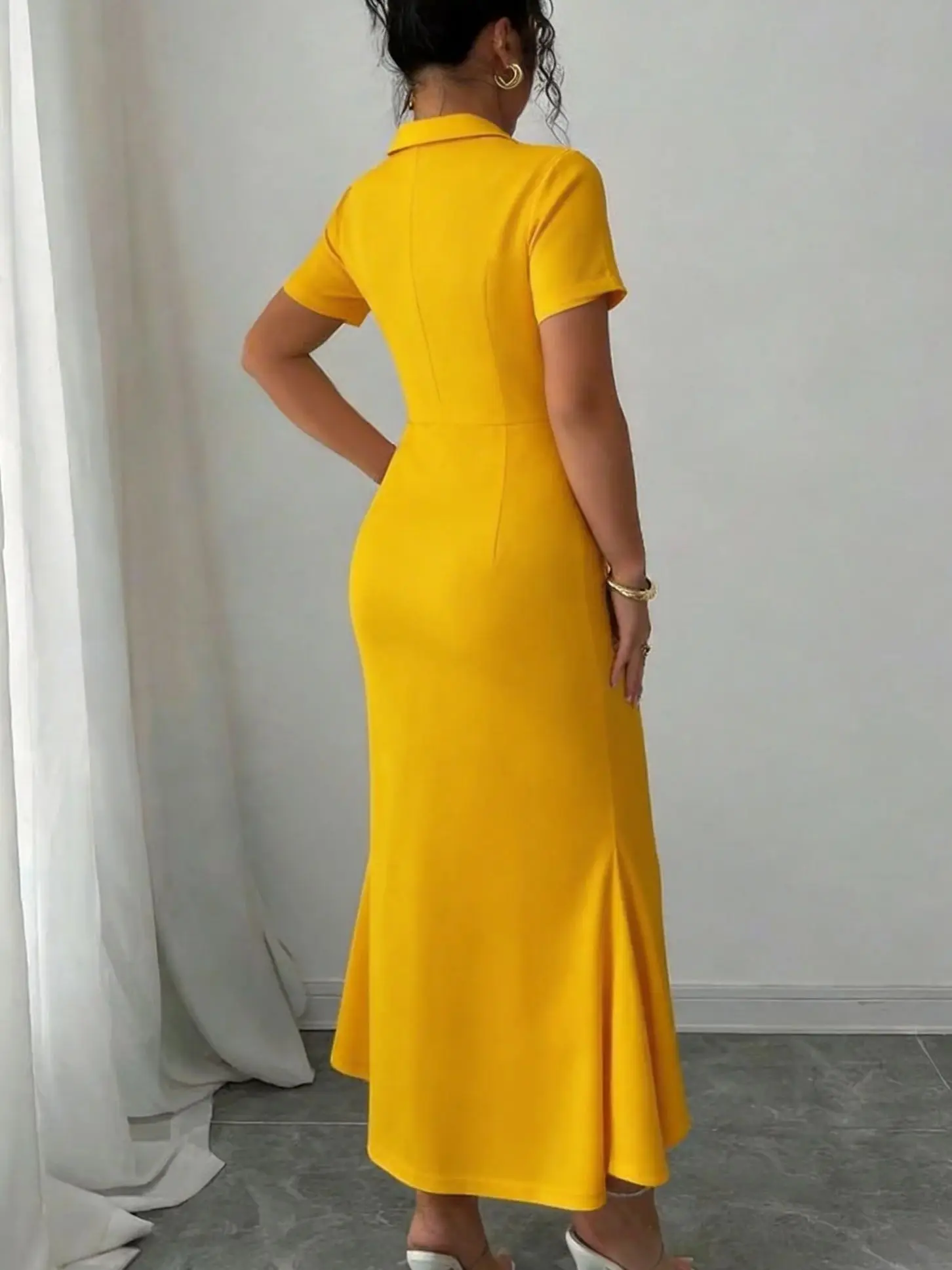 Elegant Solid Color Short Sleeve Button-Up Neck Midi Dress Casual Slimming Women's Dress Waist-Cinching Slimming 2