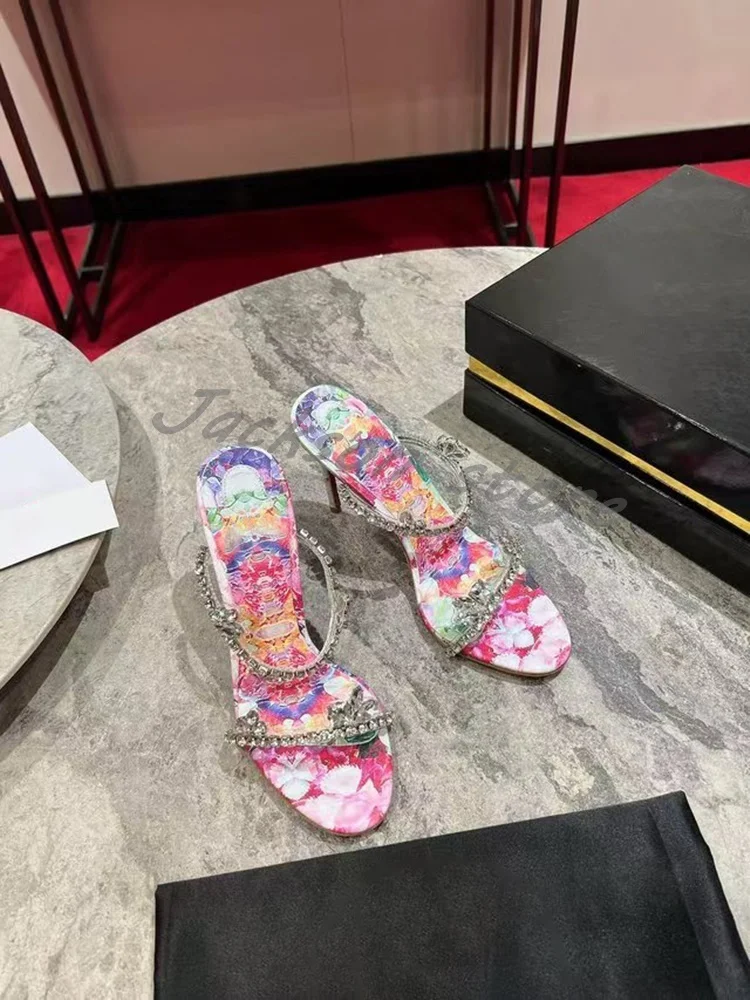 Colorful Flower Printed Pointed Toe Sandals Women Trendy Pointed Toe Slip On Satin Strap High Heels Retro Women Shoes Large Size