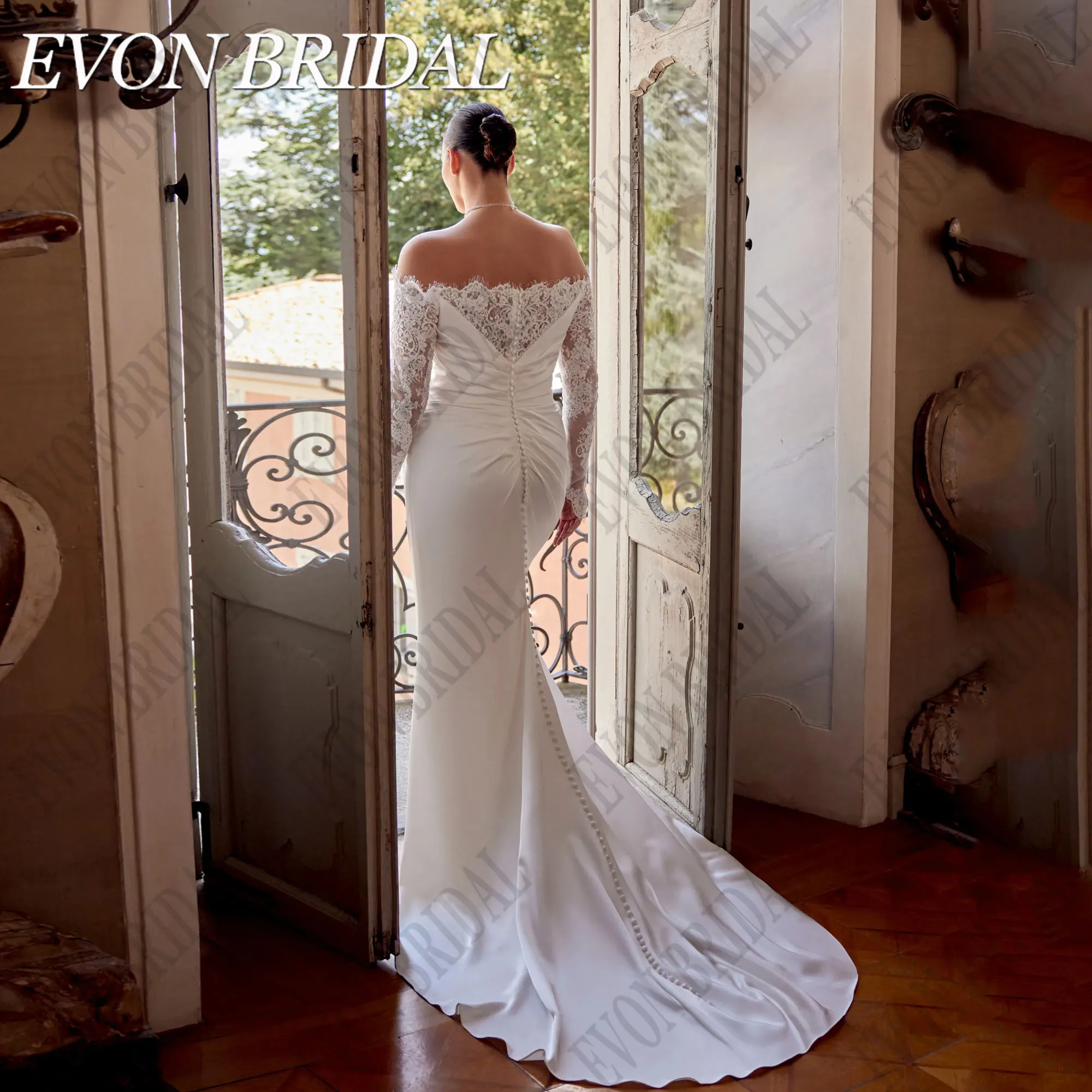 EVON BRIDAL 맞춤형 레이스 긴팔 스트랩리스 웨딩 원피스 플러스 사이즈, 인어 새틴, 모던 스플릿 신부 가운EVON BRIDAL 맞춤 레이스 긴소매 민소매 끈 커트 사이즈 여성용 인어단면 현대분체식 신