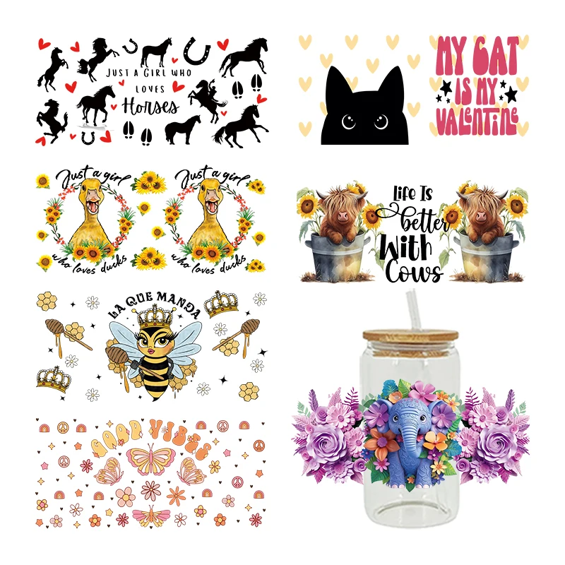 UV DTF Transfer Sticker Animal Flowers For The 16oz Libbey Glasses Wraps Bottles Cup Can DIY Waterproof Decals D11837