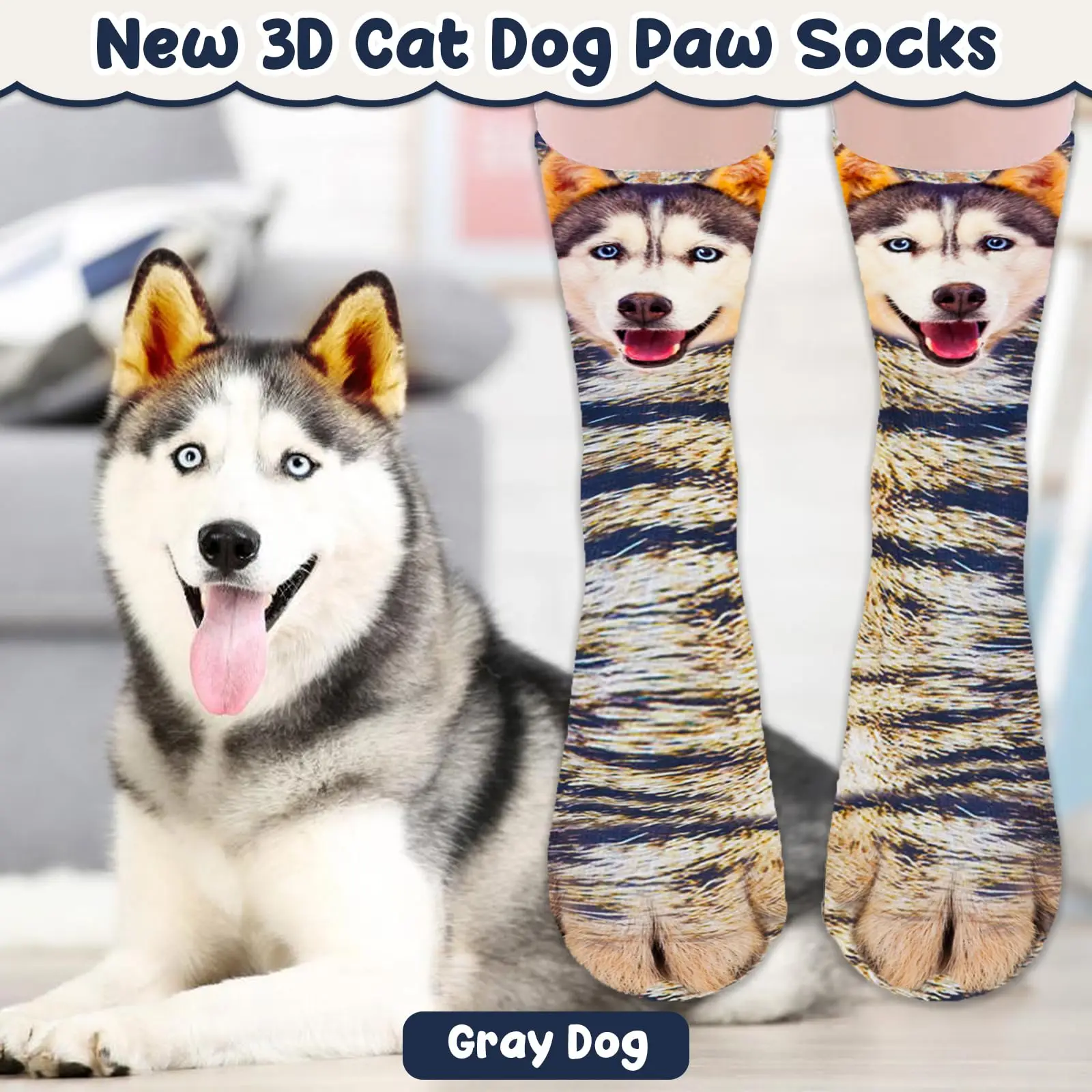 Funny Animal Paw Socks 1 Pair Dog Claw Socks Christmas Stocking Stuffers 3D Dog Grey Paw