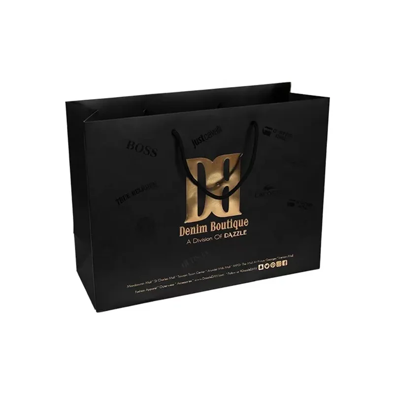 Custom Fancy Luxury Black Paper Packaging Shopping Bags with Printing Brand  Name Logo for Clothes and