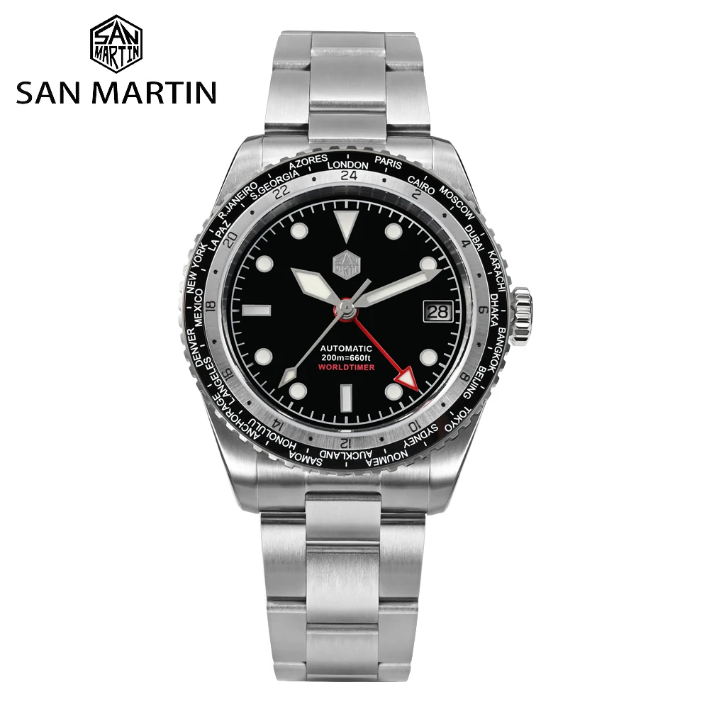 San Martin Design GMT Men Watch 38mm World Timer Waterproof NH34 Automatic Mechanical Wristwatch 20Bar Sapphire Glass SN0112