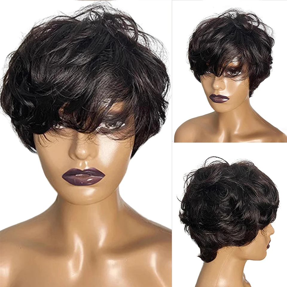 Black Short Pixie Cut With Bangs, Glueless Machine Made Wigs Human Hair, Women Big Curly Wave Brazilian Remy Human Hair