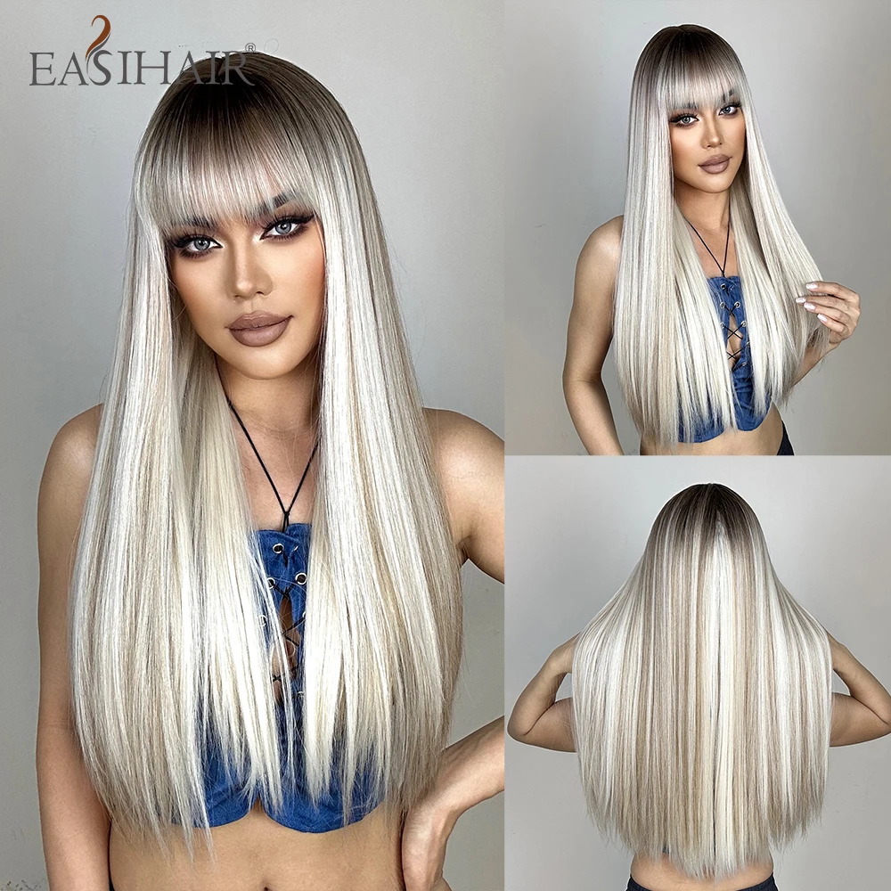 

EASIHAIR Long Silver with Blonde Highlight Synthetic Wigs for Women Straight with Bangs Natural Wigs Cosplay Hair Heat Resistant