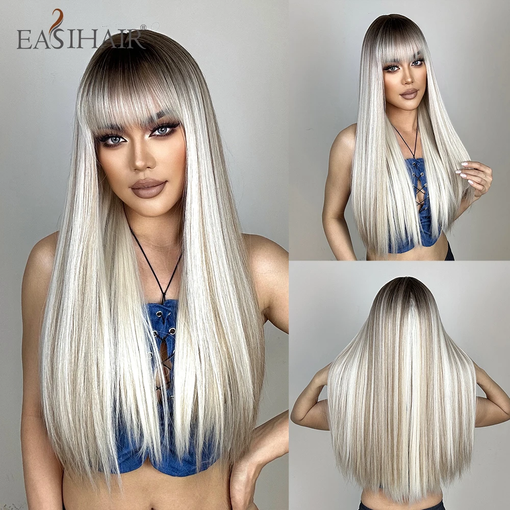 EASIHAIR Long Silver with Blonde Highlight Synthetic Wigs for Women Straight with Bangs Natural Wigs Cosplay Hair Heat Resistant