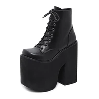 Gdgydh Women's Y2K Style Short Boots Square Closed Toe Lace Up Platform Boots High Chunky Heels Fashion Solid Color Shoes - Image 3