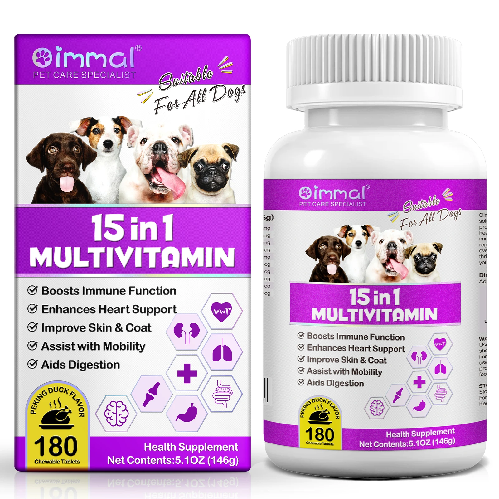 15 in 1 Multivitamin 180 Chewable Tablets Suitable For All Dogs Boosts Immune Function Enhances Heart Support Peking Duck Flavor pet nutrition supplement pet multivitamin supplements
