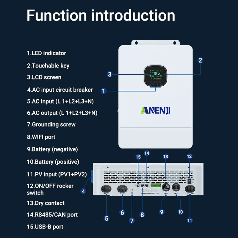 ANENJI 12KW 하이브리드 태양광 인버터, 병렬 3상 230/400VAC PV 800VDC 최대 출력, 내장형 듀얼 MPPT 260A 태양광 충전 컨트롤러