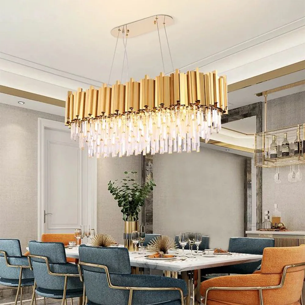 

Oval Rectangle Gold/Chrome Chandelier for Dining Room Kitchen Hanging Light Designer Lighting Fixture Home Decor LED Crystal