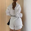 Women Long Sleeve 2 Pieces Sets Casual Simple Button Pockets Short Pant with Shirts Tops 2024 Summer Fashion Suit Female Outfits 4