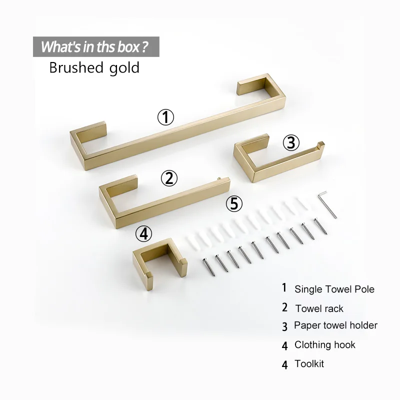 Brushed Gold Stainless Steel Bathroom Accessories Set Toilet Roll Paper Holder Towel Rack Wall Mounted Kitchen Tissue