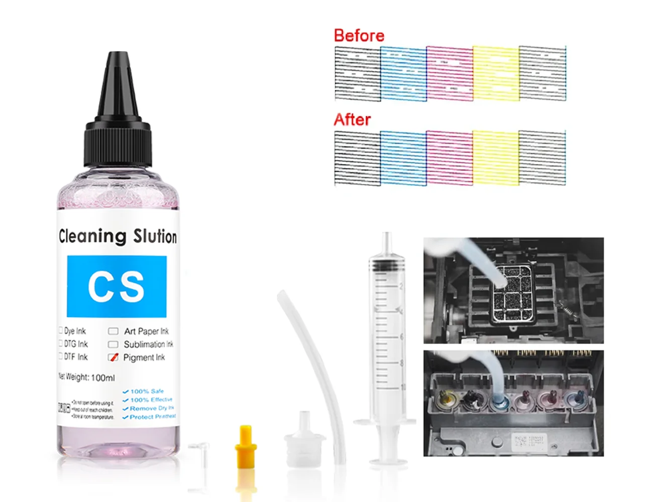 Description Picture 3 of item100ml Power Ink Printer Cleaning Solution For Pigment Sublimation Dye ink For Epson HP Iconic Brand Printer Printhead Cleaning Kit