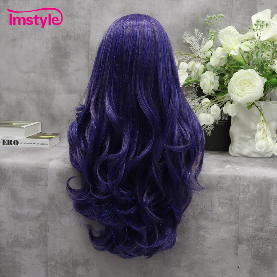 Imstyle Tinsel Wig Synthetic Lace Front Wig Blue Mix Purple Long Natural Wavy Wigs Gorgeous Lace For Party Drag Queen