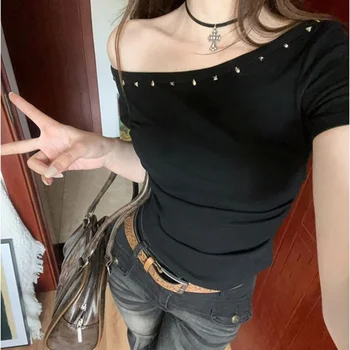 Y2k Women One Shoulder Tops Solid Slim Slash Neck Skew Collar Sexy Short Sleeve T-Shirts Commute Fashionable Casual Black Top 1
