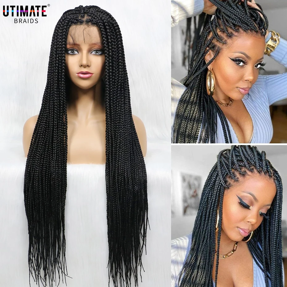 African American Synthetische Braid Perücken Mit Baby Haar Volle Spitze Frontal 36 Zoll Schwarz Astrein Box Zöpfe Perücke Für Schwarz frauen