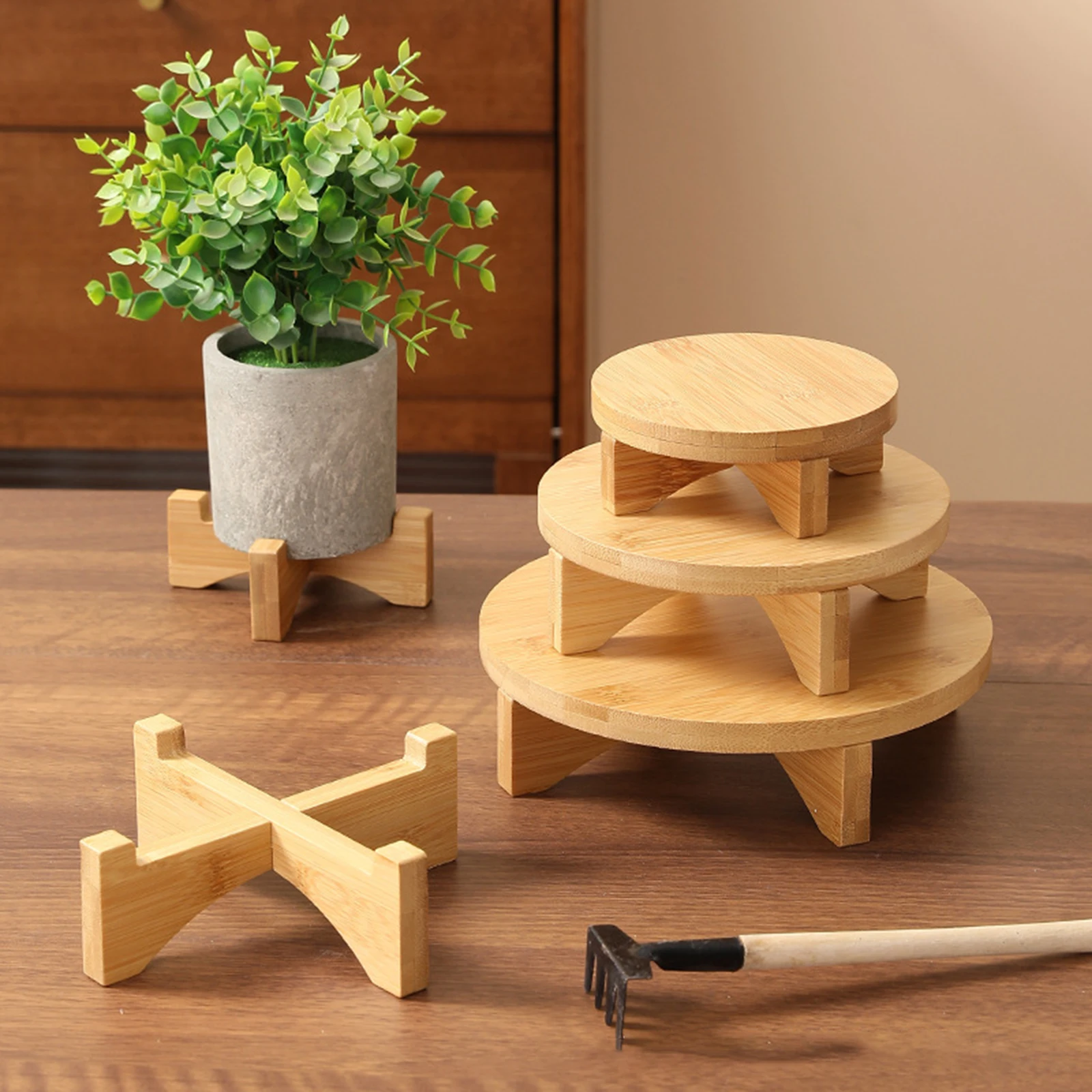 Wooden Planter Stand Sturdy Round Multifunctional Accessories Modern Flower Pot Rack for Office Home Farmhouse Bathroom Indoor
