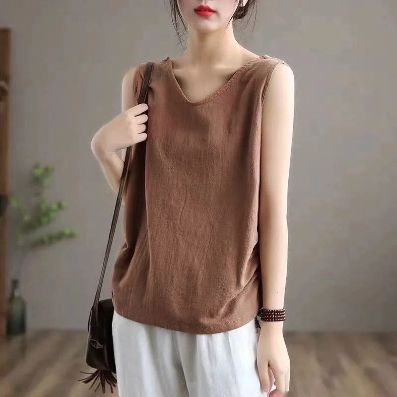 

2022 Cotton Line Tanks Camis Women Summer Top V-neck Large Size Loose Casual Mom Vest Sleeveless Solid Woman T-shirts Streetwear