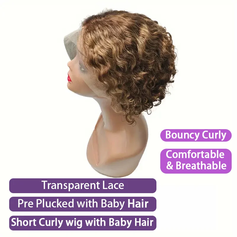 4/27 Highlight Blonde Pixie Short Curly Bob Wigs 13x4 Lace Front Wig Pixie Cut Wig Short Deep Curly Transparent Lace Frontal