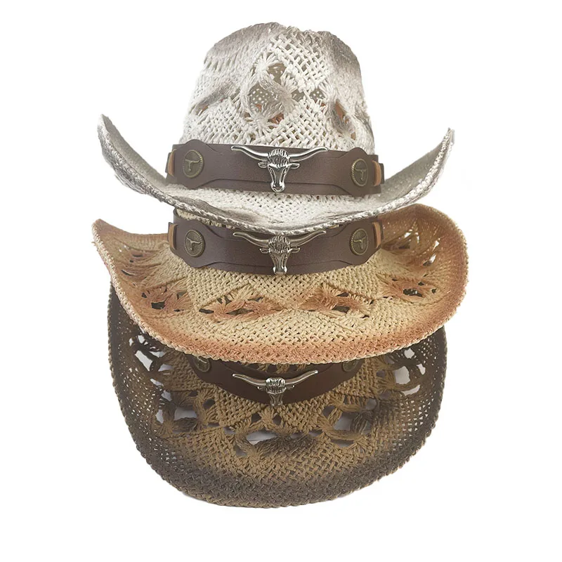 Breathable Summer Cowboy Hat With Longhorn Hatband Festival Straw