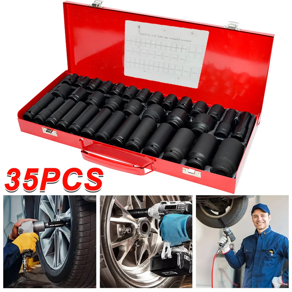 35pcs 1/2" Drive 6 Point 8-32mm Metric Deep Impact Socket Set Car Garage Tools with Case Pneumatic Wrench Head Tire Removal Tools