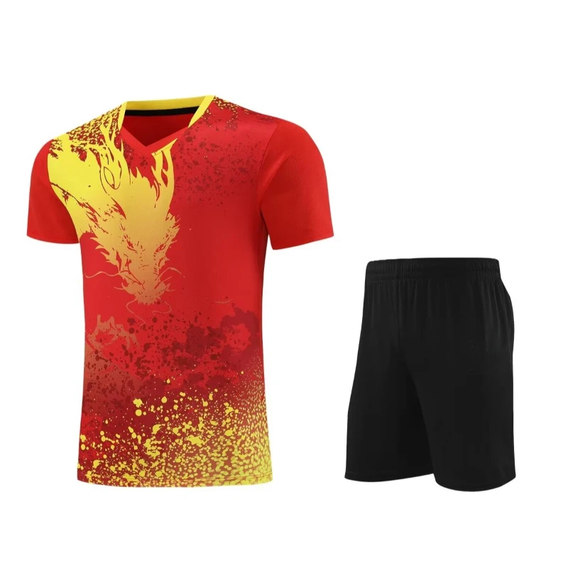 Summer Men Women Dragon Print Badminton Table Tennis Sport Suits 2 Pcs Shirt And Shorts 3D Print Training Set sports wear set