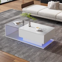 Table basse 100x50x32cm avec plateau en verre et tiroirs, anti-rayures, avec 1 tiroir, avec éclairage LED, style moderne 1