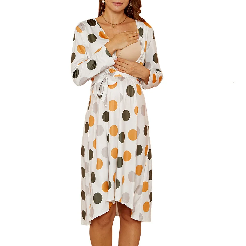 Maternity Breastfeeding Pajamas Polka-Dot Pregnant Women Long Sleeve Nursing Dress Vestidos Premama Pregnancy Dress Robe Femme