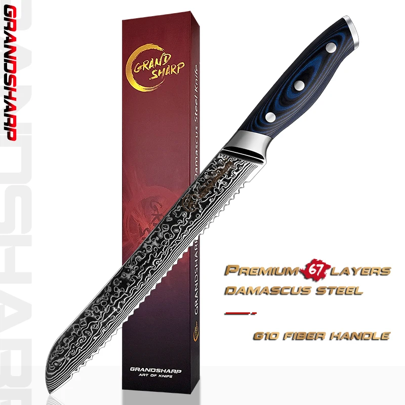 

Grandsharp Damascus Kitchen Knives Bread Knife Home Cooking Cake Slicing Chef's Tools Serrated Stainless Steel Blade Blue Handle