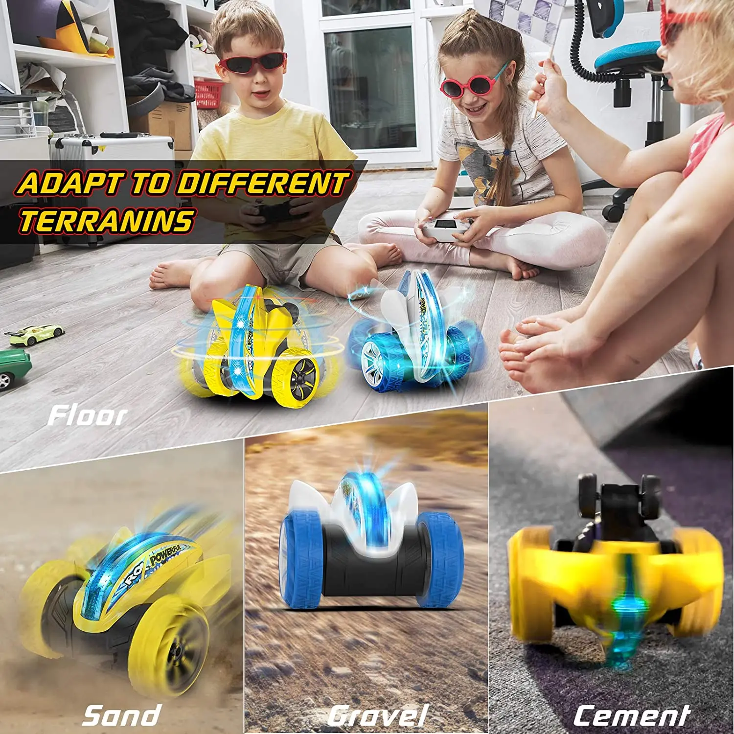 Coche Teledirigido, 4WD 2.4GHz Stunt RC Coche Acrobacia Rotación Volteo de 360 ° Coche de Control Remoto Juguetes Control Remoto con 9 Tipos de Divertido Juego Regalo para Niños (Azul)