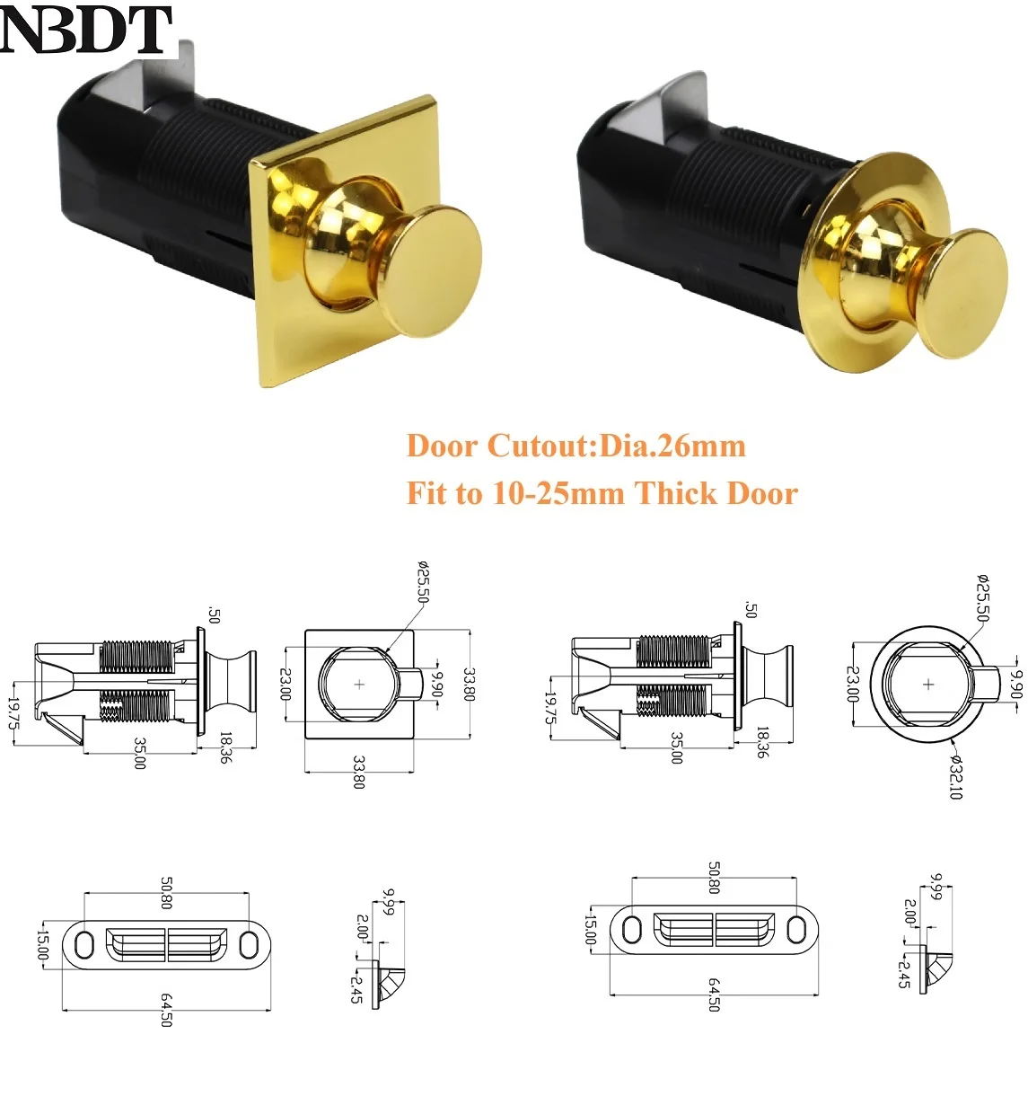 2Pcs Round Square Push Button Latch Lock RV Camper Boat Yacht Drawer Cabinet Door