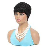 Perruque courte coupe pixie en cheveux humains, couleur noire, ondulée, effet naturel, pour femmes noires 4