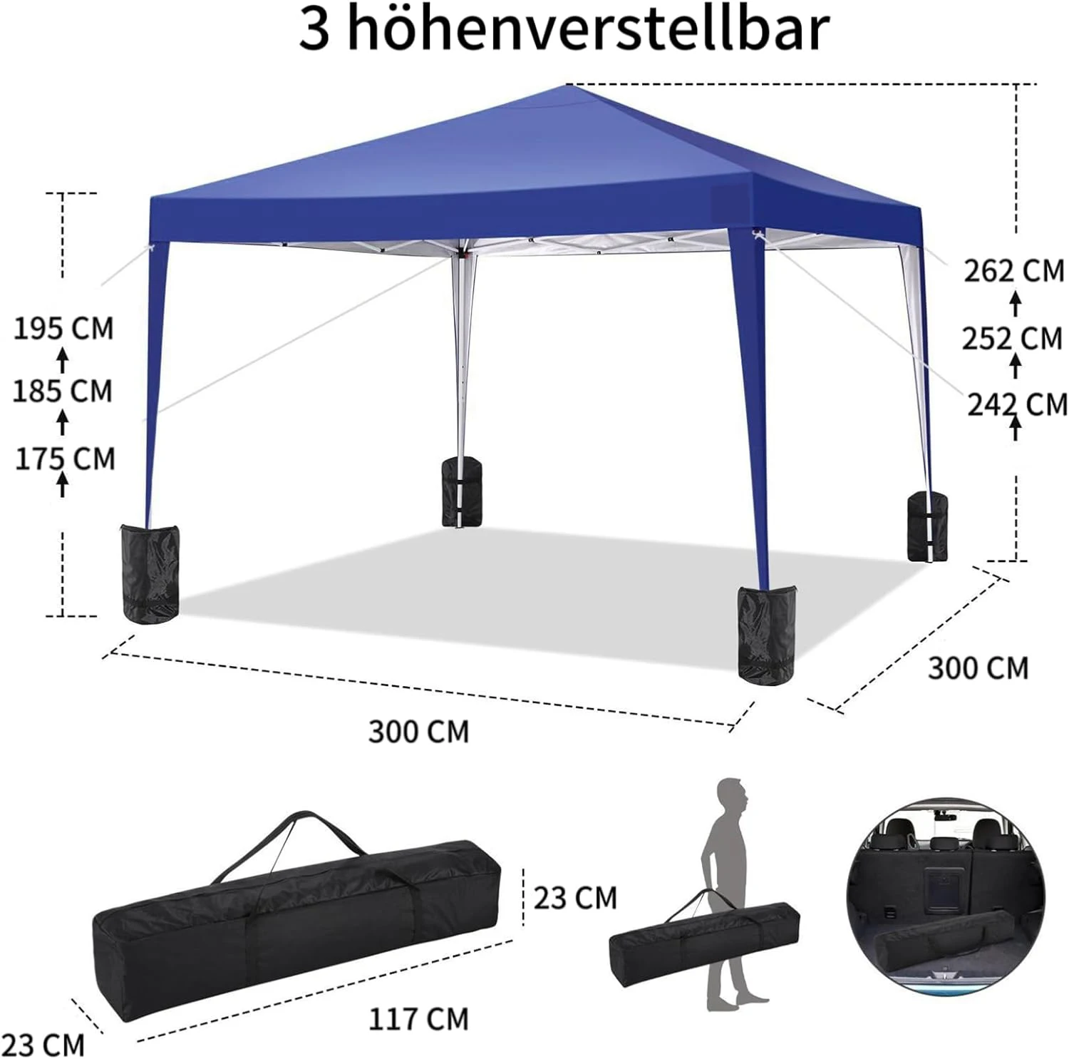 3x3m Popup Pavilion Waterproof Beer Tent Foldable Canopy without sidewall,3Height Adjustable,Party Tent For Garden,Beach,Markets