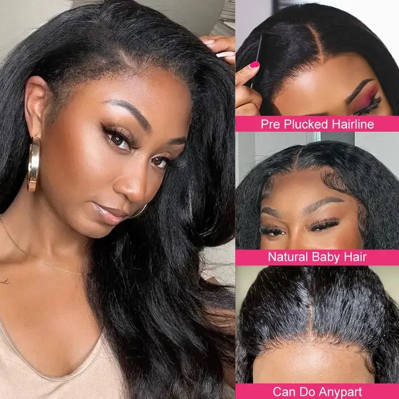 Kinky Straight Lace Front Wigs Human Hair 13x4 HD Transparent Lace Front Wig Human Hair Yaki Straight Wigs with Curly Baby Hair