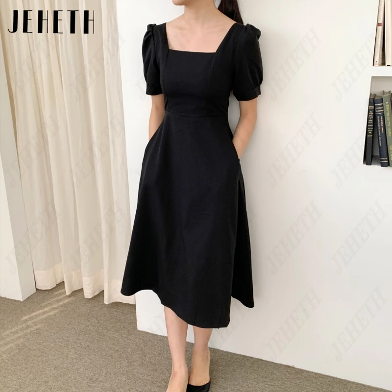 

JEHETH Black Scoop Neck Korea Wedding Dresses Women A-Line Puff Sleeves Bridal Gowns Satin 웨딩드레스 Photography Backless Tea-Length