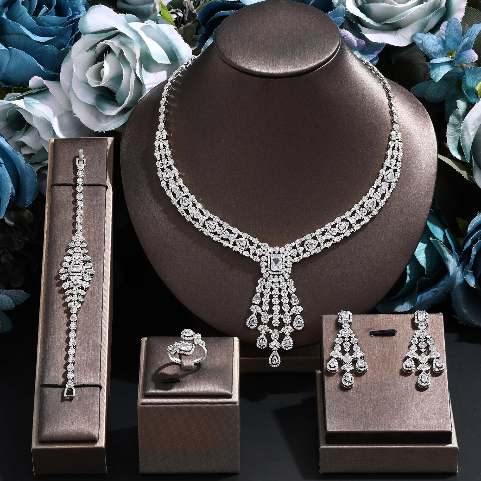 

4pcs Bridal Zirconia Full Jewelry Sets For Women Party Luxury Dubai Nigeria CZ Crystal Wedding Jewelry Sets